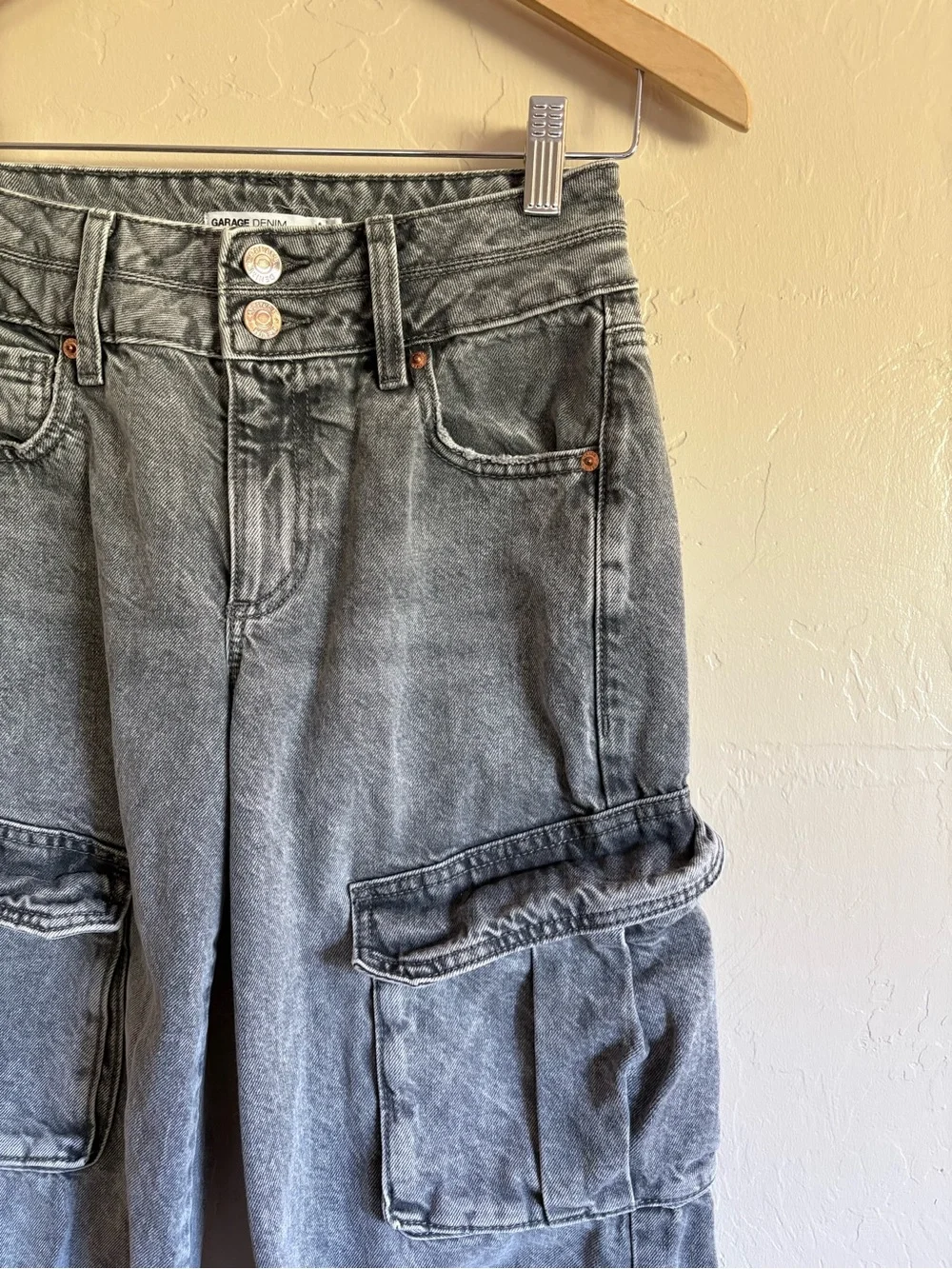 Garage Cargo Denim Jeans Grey Baggy Wide Leg Mid Rise Size 0 / 24 100% Cotton